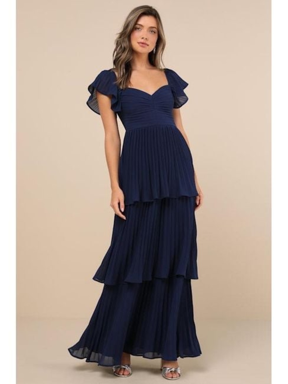Lulus Notorious Charm Navy Blue Pleated Flutter Sleeve Maxi Dress - Size XS